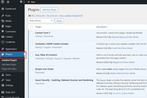 A screenshot of WordPress dashboard highlighting plugins section