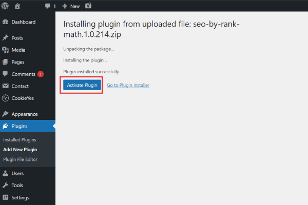 screen of activation button of newly uploaded plugin