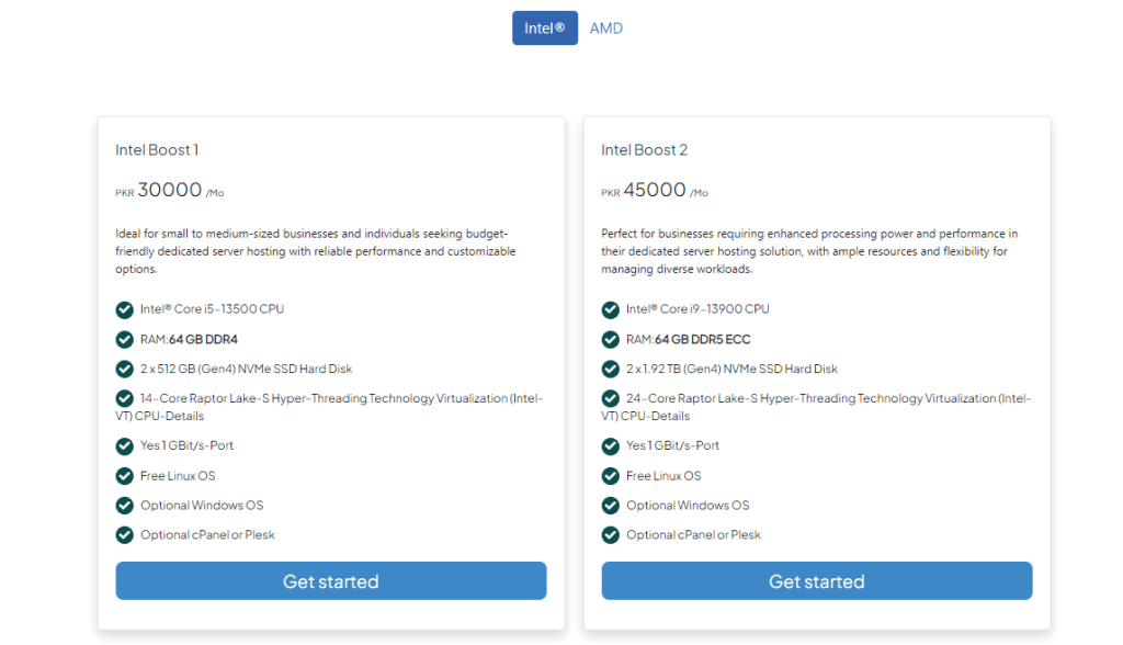 Screenshot of 1st two dedicated server plans to host wordpress site by TezHost