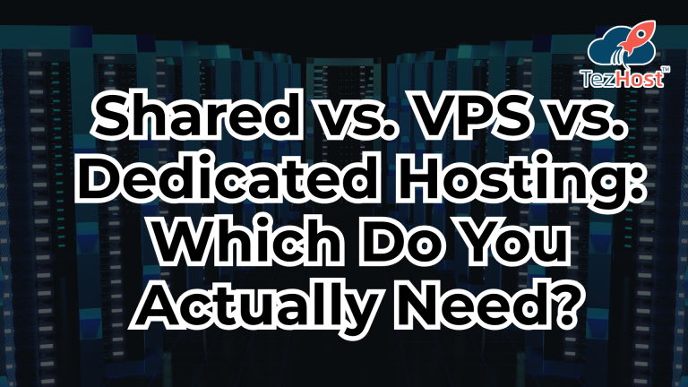 Shared vs VPS vs dedicated hosting comparison showing three web hosting environments